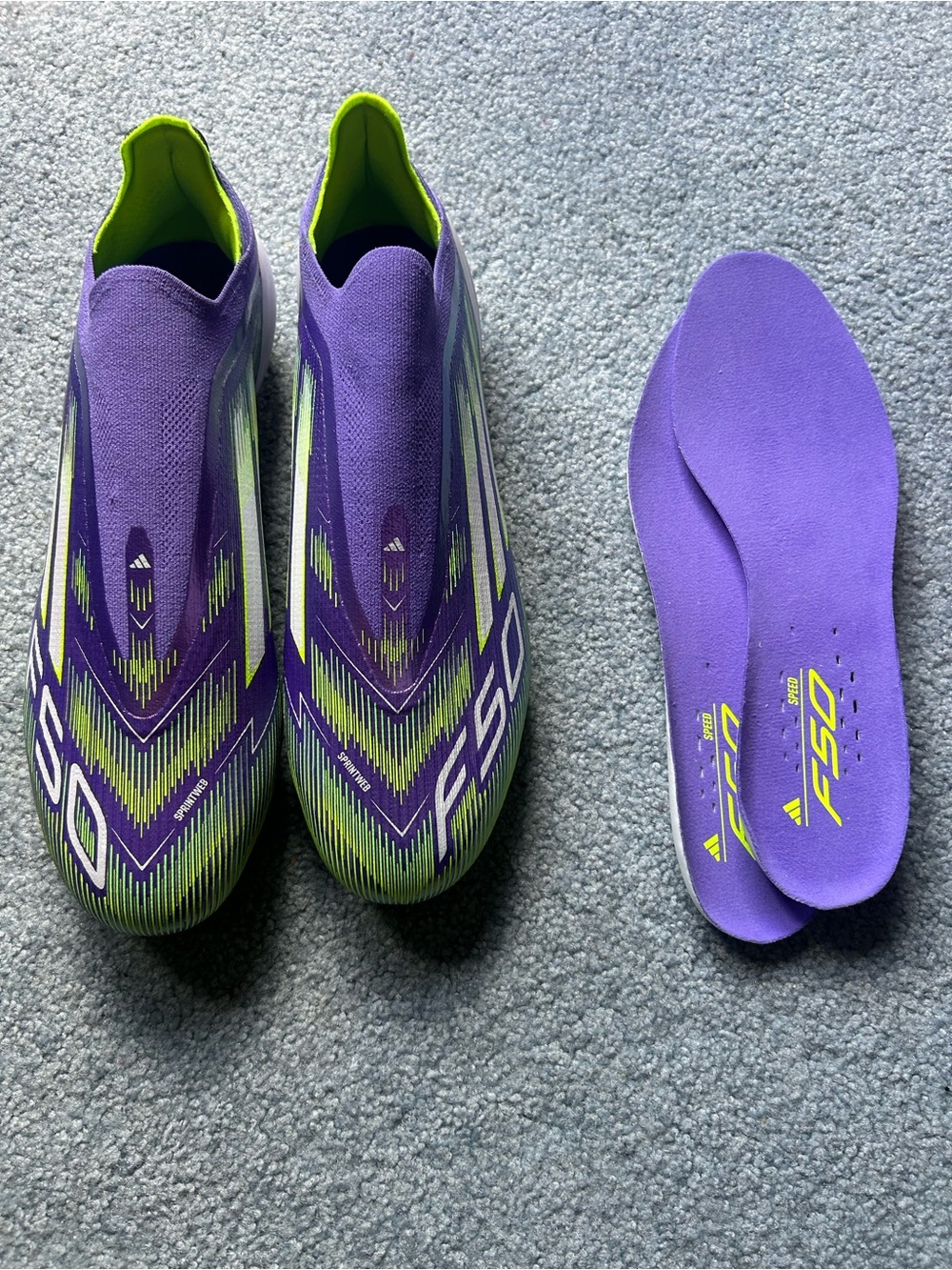 adidas F50 Soccer Cleats in Purple with Neon Green Accents